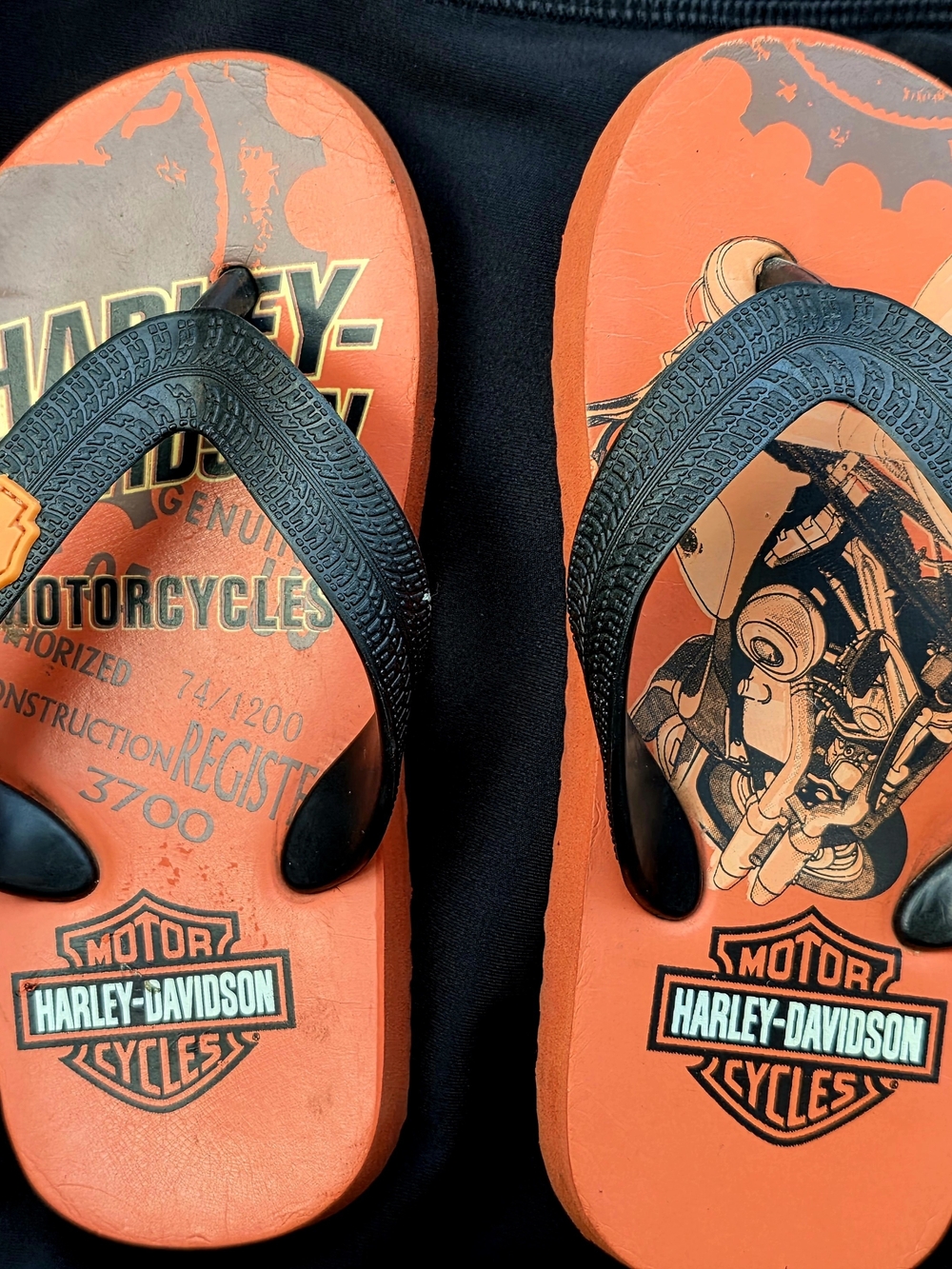 Harley-Davidson Orange and Black Motorcycle Graphic Flip Flops